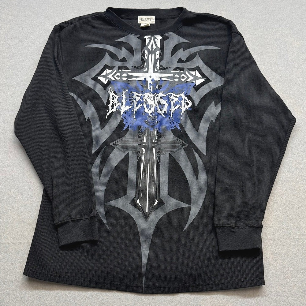 D/SET Mens Blessed Cross Graphic Thermal Long Sleeve Shirt Black 2XL MT81123